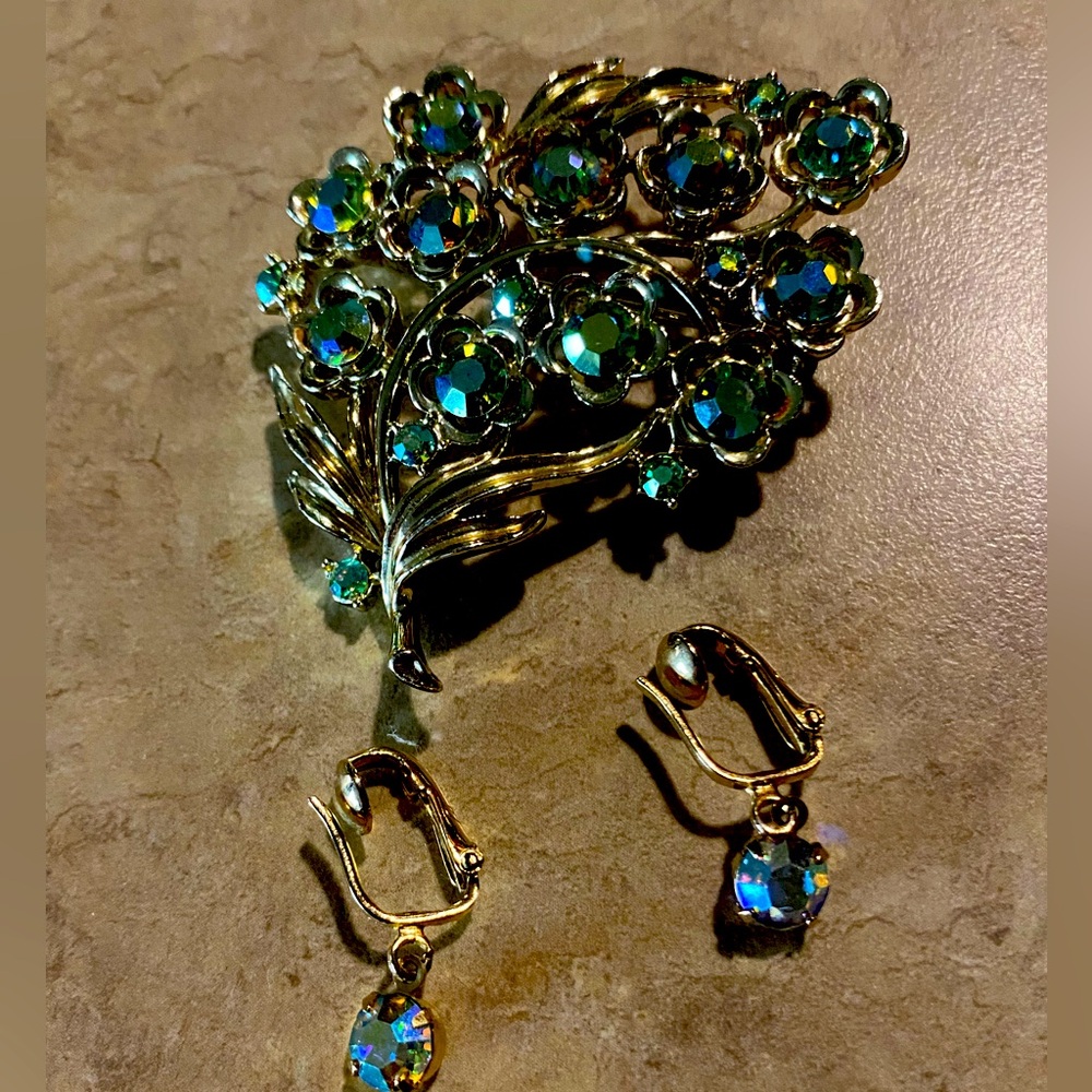 COPY - Coro Aurora Borealis Branch Floral Pin with clip earrings.
